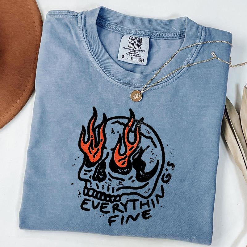 Comfort Colors Everything Is Fine Shirt, Skull on Fire T-Shirt, Boho Vintage Tee, Gift for Him, Unisex T-Shirt Hoodie,...