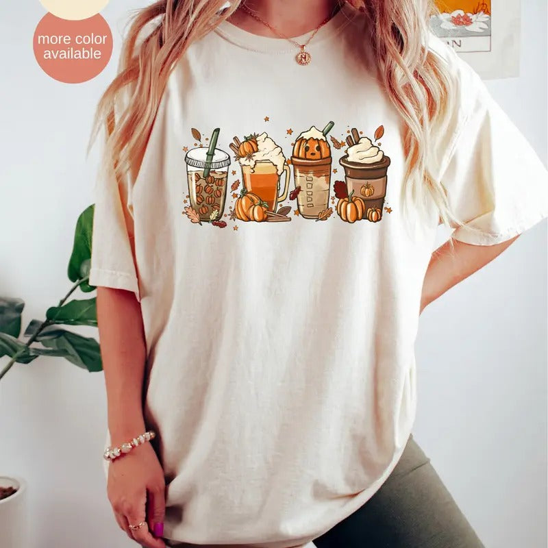 Comfort Colors Fall Coffee Pumpkin T-Shirt, Halloween Shirt, Coffee Latte Shirt, Fall Shirt, Retro Halloween Shirt,...