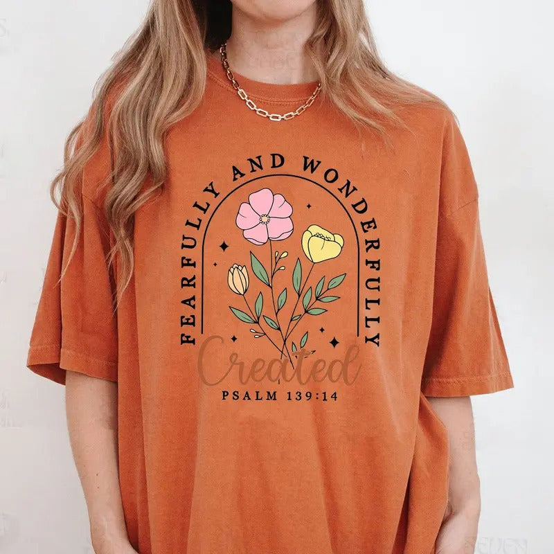 Comfort Colors Fearfully and Wonderfully Shirt, Christian Floral Shirt, Retro Christian Shirt, Bible Verse Shirt,...
