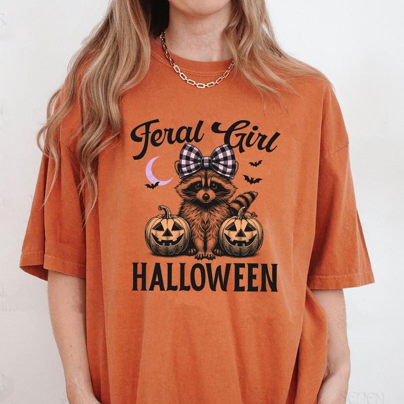 Comfort Colors Feral Girl Halloween Shirt, Halloween Raccoon T-Shirt, Raccoon Pumpkin T-Shirt, Funny Raccoon Shirt...