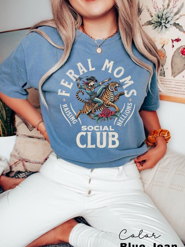 Comfort Colors Feral Moms Social Club Shirt, Vintage Graphic Feral Mom Gift, Somebody's Feral Wife, Mom Life Tee Cotton...