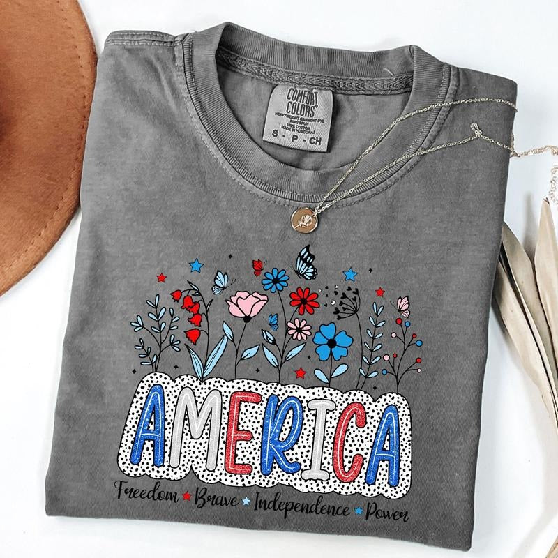 Comfort Colors Floral America Tee, Patriotic T-Shirt, 4th Of July Shirt, Unisex T-Shirt Hoodie, Sweatshirt | HypeDripTees.com
