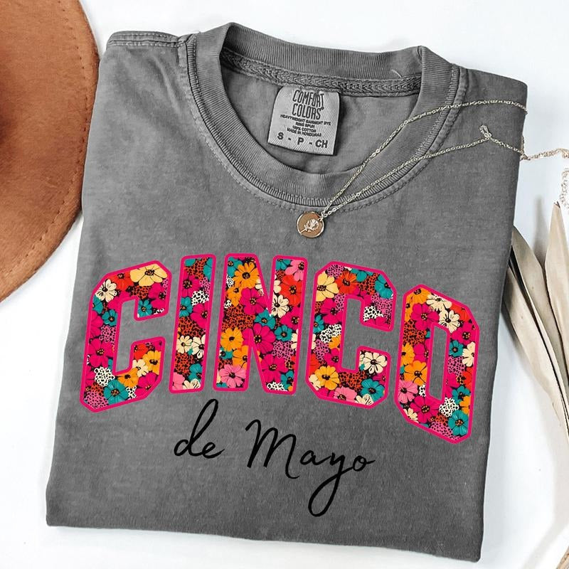 Comfort Colors Floral Cinco de Mayo Shirt, Cinco de Mayo Varsity Style Tee, Mexican Fiesta T-Shirt, Fiesta Squad Shirt...