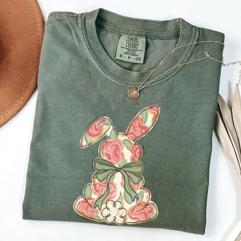 Comfort Colors Floral Easter Shirt Coquette Bow Easter Rabbit Shirt Easter Shirts T-Shirts, Hoodie, Sweatshirt