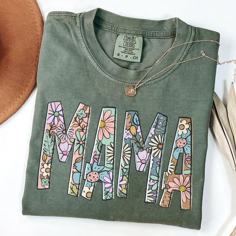 Comfort Colors Floral Mama Shirt for Mom, Mothers Day Gift for New Mom, Mom Birthday Gift Motherhood T-Shirt, Unisex...