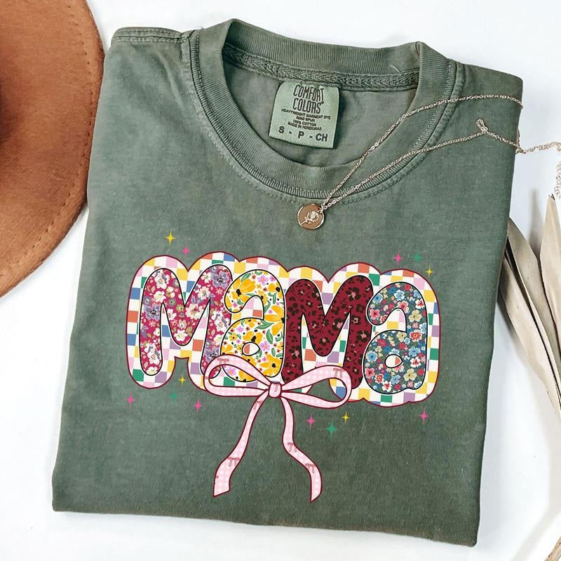 Comfort Colors Floral Mama Shirt, Checkered Mama Coquette Tee, Retro Boho Floral Mama T-Shirt Hoodie, Sweatshirt