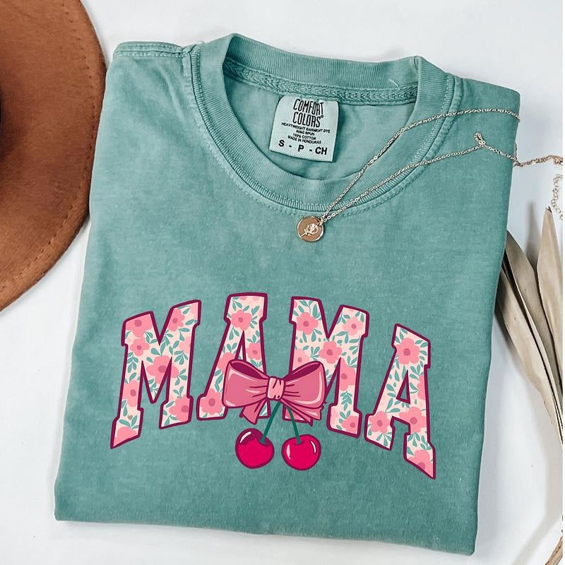 Comfort Colors Floral Mama Shirt, Cherry Bow Coquette Mama Shirt, Trendy Mom Tee,Gift for New Mom Hoodie, Sweatshirt