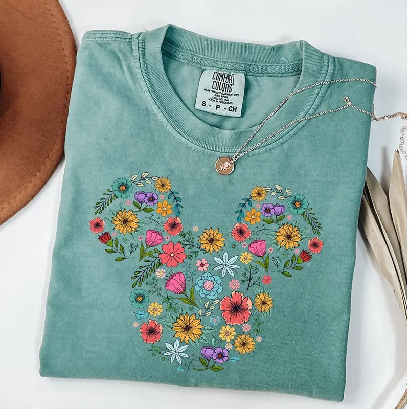 Comfort Colors Floral Mouse Head Shirt, Whimsical Ears Tee, Whimsical Mouse Silhouette Shirt, Enchanted Vacation Family...