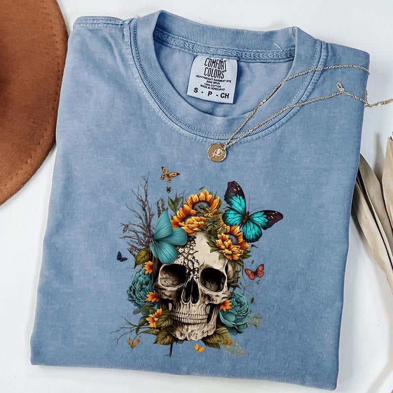 Comfort Colors Floral Skull Shirt, Flower Skull TShirt, Gobblincore Boho Graphic Tee, Bloom Skull Fall Halloween Shirt,...