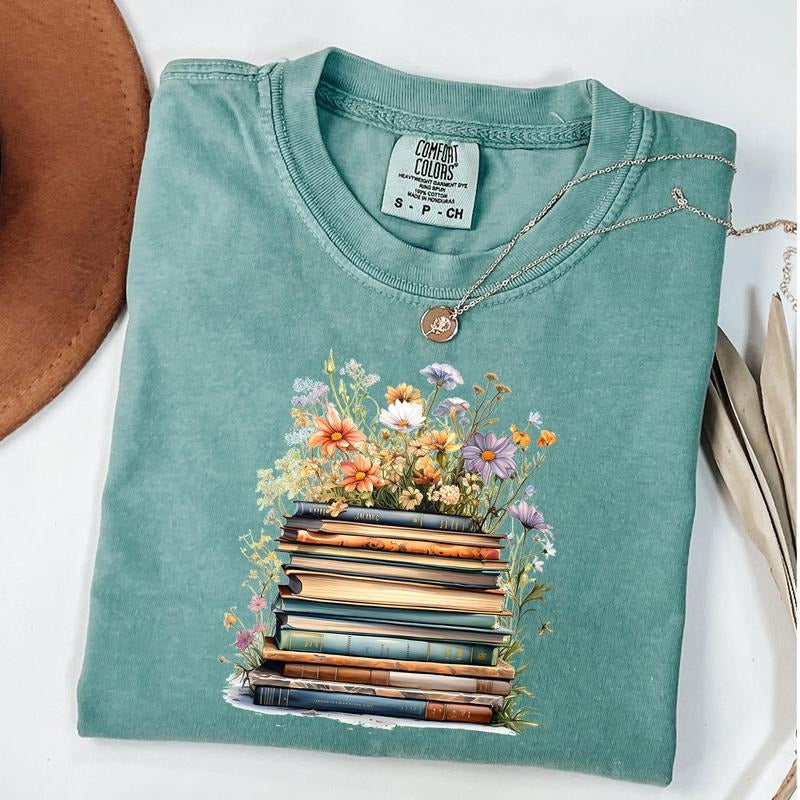 Comfort Colors Flower Book Shirt, Boho Wildflowers Bookish Shirt, Cottagecore T-shirts, Teacher Tee, Librarian Gift...