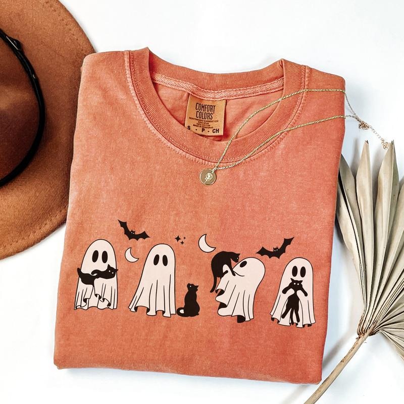 Comfort Colors Ghost Black Cats Halloween Shirt, Ghost Cat Halloween Tee, Cat Lover Gift, Spooky Season Shirt, Halloween...