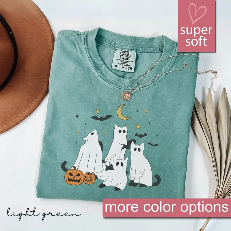 Comfort Colors Ghost Cat Shirt, Cat Ghost T-Shirt, Cute Cat Lovers Shirt, Retro Ghost Halloween, Halloween Cat T-shirt,...
