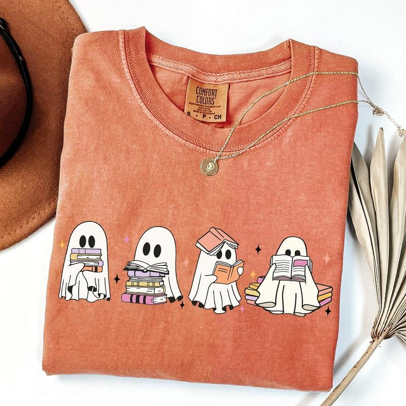 Comfort Colors Ghosts Reading Books Shirt, Books Lover Ghost Gift, Cute Little Ghost Shirt,Women's Halloween, Spooky...