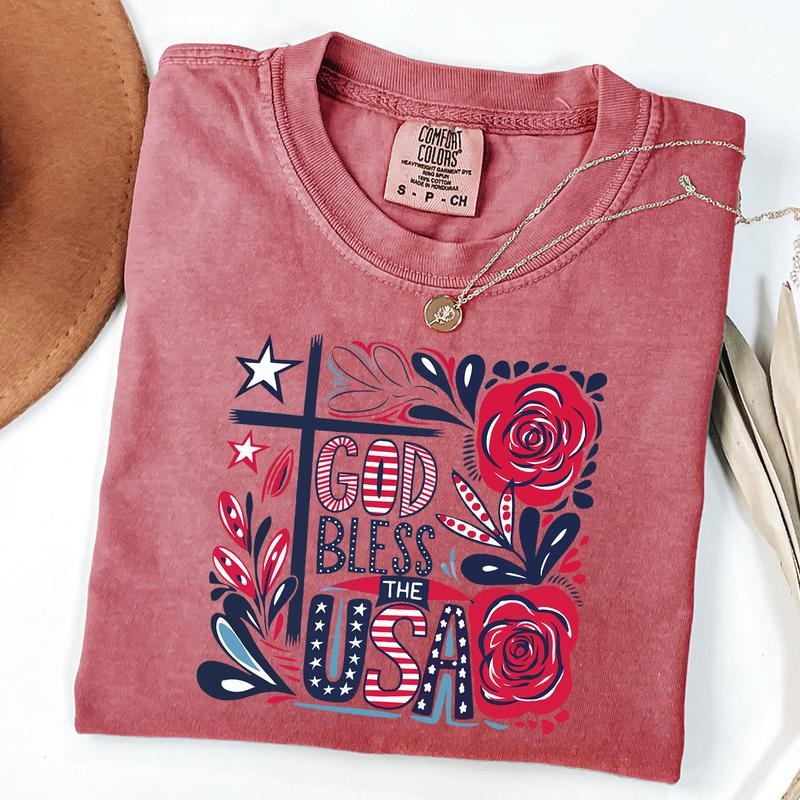 Comfort Colors God Bless The USA Shirt, Retro 4th Of July T-Shirt, Patriotic, American, USA, Independence Day Floral...