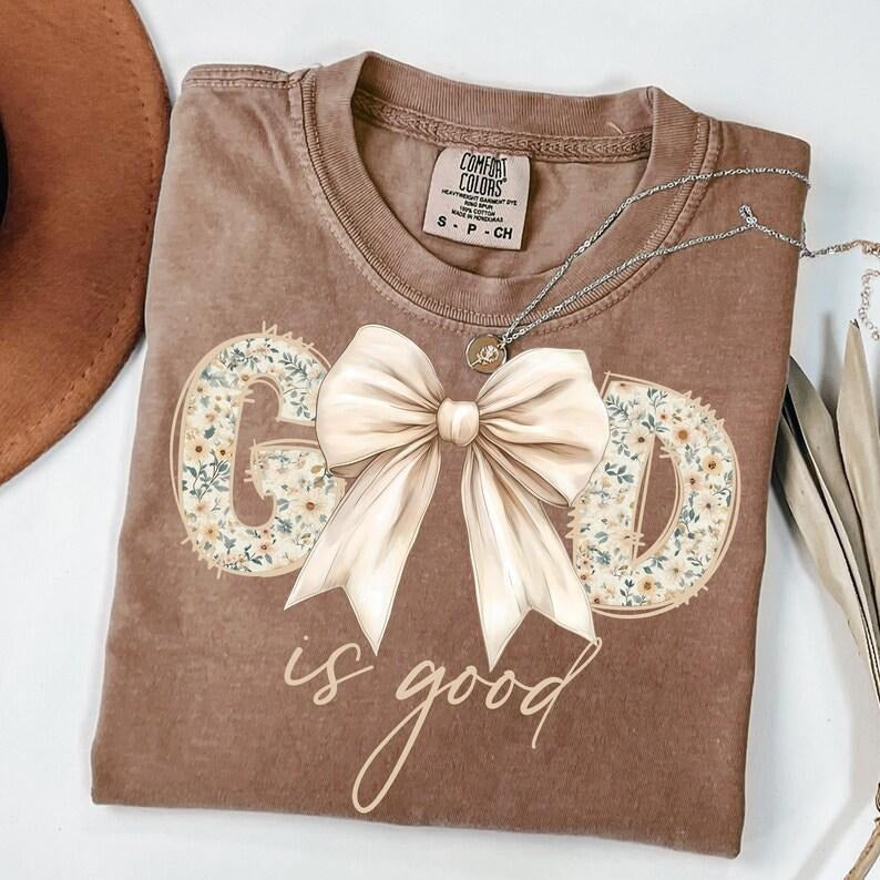 Comfort Colors God Is Good T-Shirt, Christian Faith Tee, Floral Scripture TShirt with Bow, Religious Quote T-Shirt, Bible...