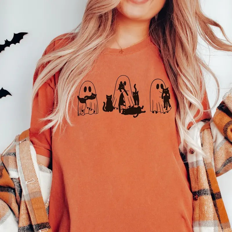 Comfort Colors Halloween Ghost Cat Shirt, Ghost and Black Cat Shirt , Funny Ghost Cat Shirt, Spooky Season Shirt Hoodie,...
