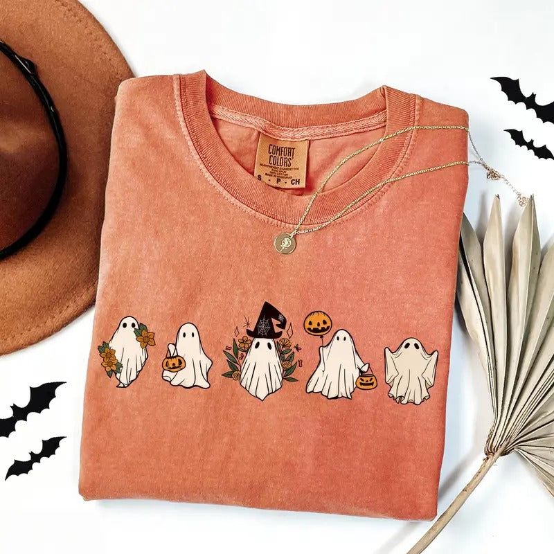 Comfort Colors Halloween Ghost Shirt, Cute Ghost Shirt, Floral Ghost Shirt, Womens Halloween Shirt, Retro Halloween...