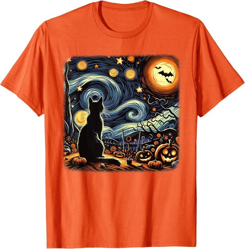 Comfort Colors Halloween Van Gogh Starry Night Black Cat Pumpkins Bats T-Shirt Hoodie, Sweatshirt | HypeDripTees.com