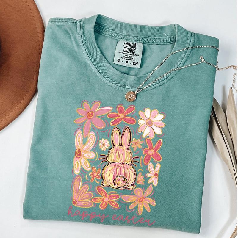 Comfort Colors Happy Easter Bunny Shirt, Boho Easter Shirt, Retro Easter T-shirt, Floral Spring Tee Hoodie, Sweatshirt