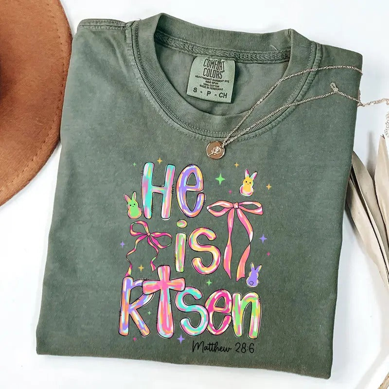 Comfort Colors He Is Risen T-Shirt, Easter Bunny Shirt, Coquette Bow Easter Shirt, Matthew 28 6 Hoodie, Sweatshirt
