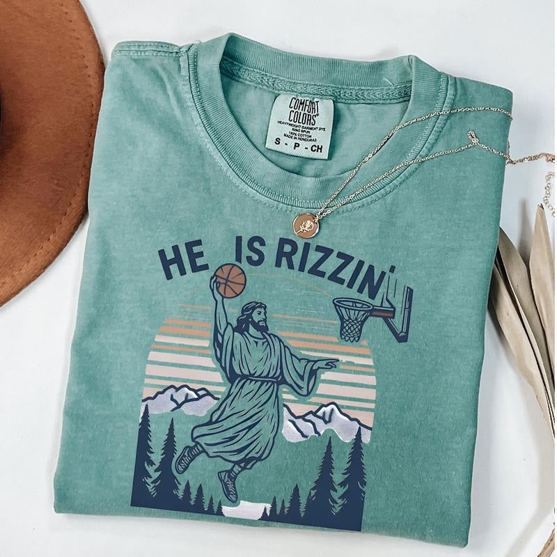 Comfort Colors He Is Rizzin' Funny Jesus Playing Basketball Shirt, Retro Christian Faith Tee, Humor Easter Shirt Hoodie,...