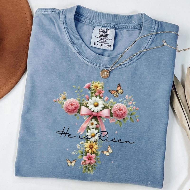 Comfort Colors He is Risen Shirt, Wildflower Shirt, Christian T-Shirt, Easter Cross T-Shirt, Jesus Easter Shirt, Unisex...