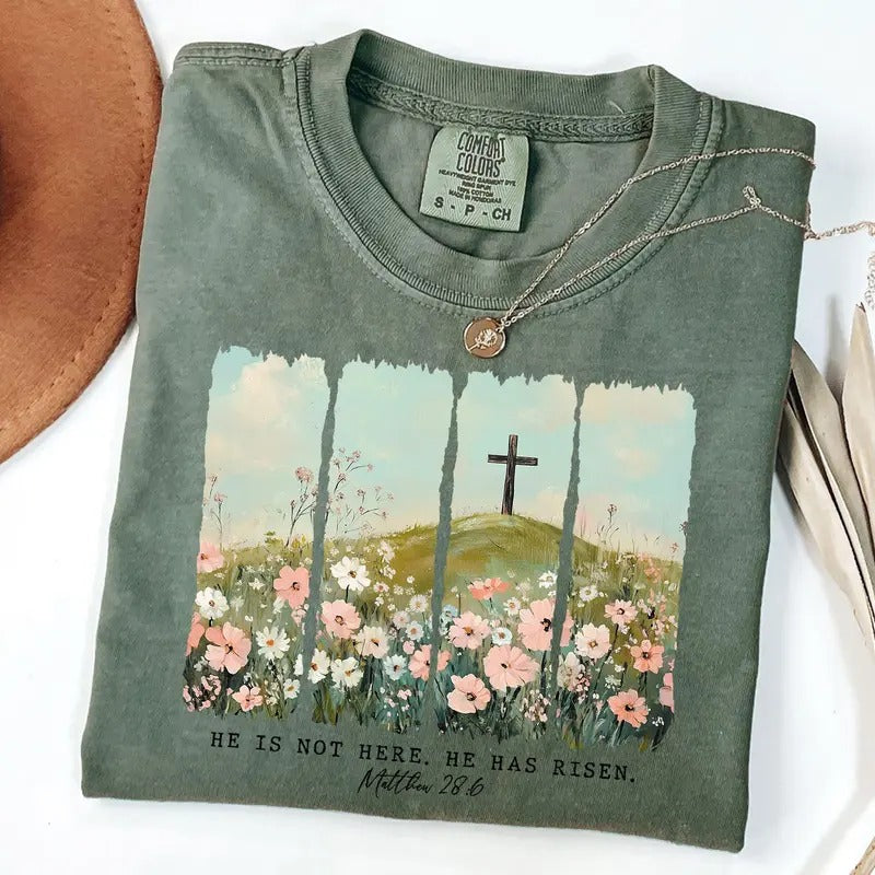 Comfort Colors He is Risen Wildflower Shirt, Matthew 28 6, Spring Easter Shirt, Vintage Easter Shirt, Christian T-Shirt,...