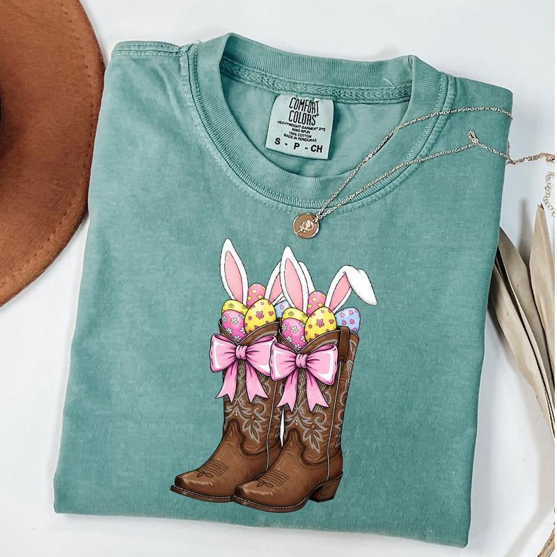 Comfort Colors Howdy Easter Shirt, Cowboy Boots Easter Coquette T-Shirt, Western Easter Bunny Tee Hoodie, Sweatshirt
