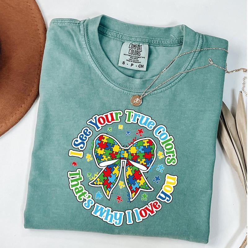 Comfort Colors I See Your True Colors Shirt, Autism Awareness Puzzle Bow Shirt, Special Education Shirt, Unisex T-Shirt...