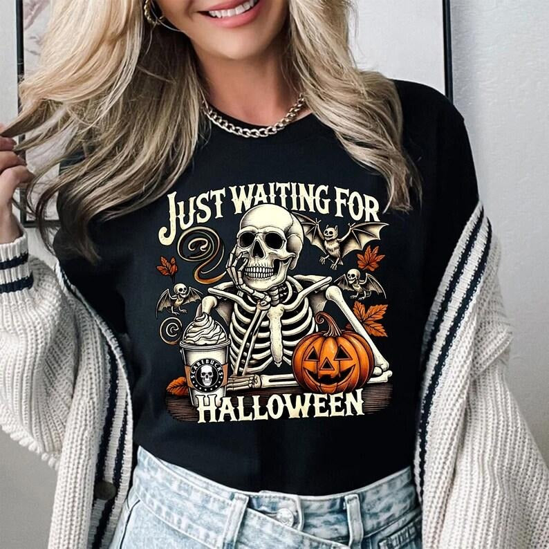 Comfort Colors Just Waiting for Halloween Shirt, Funny Skeleton Pumpkin Shirt, Spooky Fall Graphic Shirt, Retro Halloween...