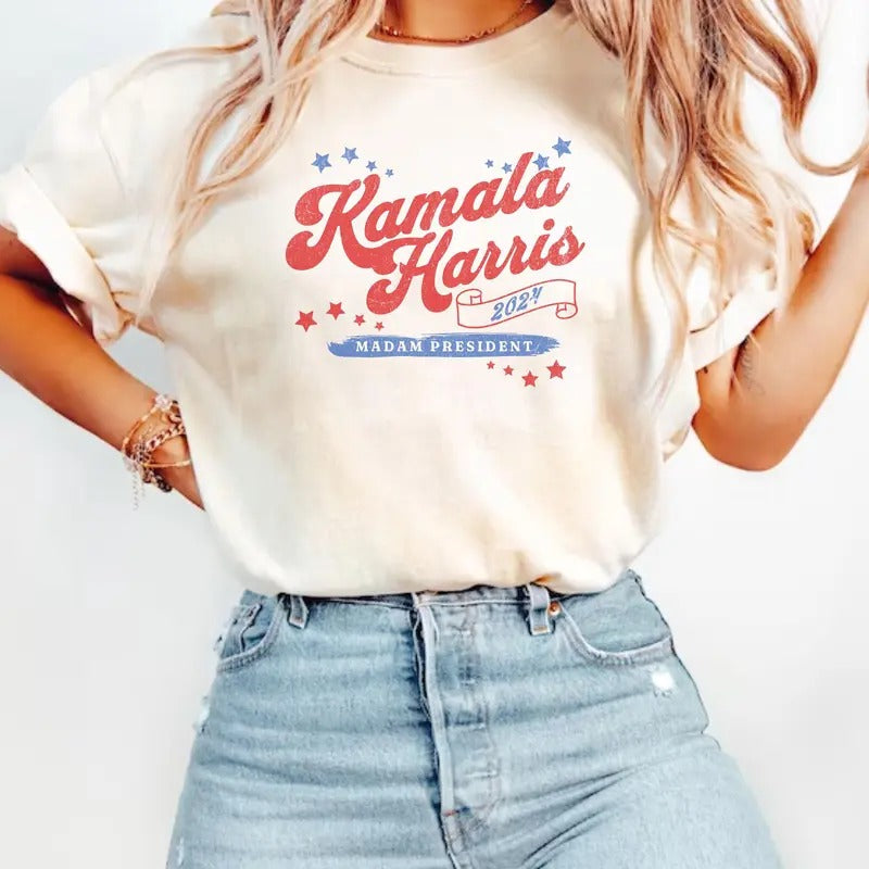 Comfort Colors Kamala Harris Shirt, Harris for President 2024 Election Shirt, Madam President T-Shirt, Vintage Retro...