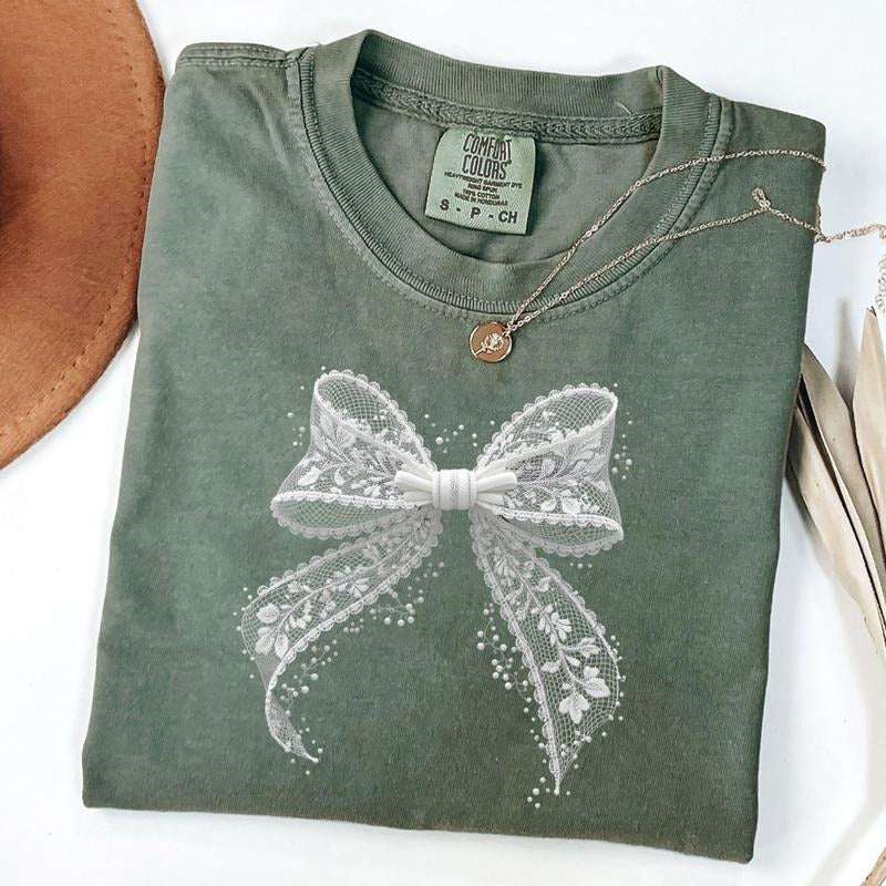 Comfort Colors Lace Bow Shirt, Lace Coquette Bow Tee, Floral Bow T-Shirt, Unisex T-Shirt Hoodie, Sweatshirt
