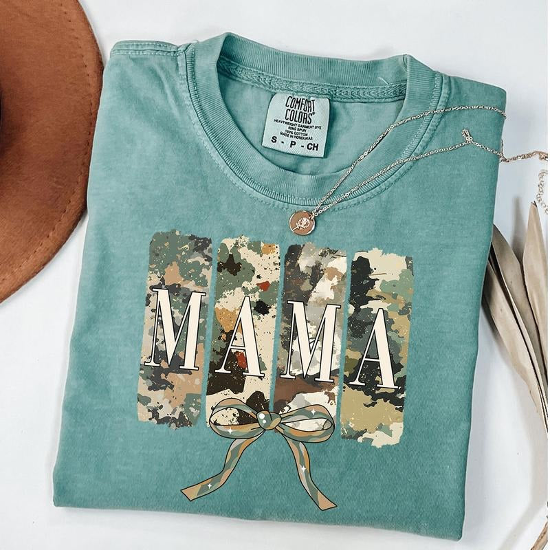Comfort Colors Mama Camo Coquette Bow Shirt, Old School Camo Shirt, Girls Camo Bow T-shirt, Retro Hunting Mama Tee...