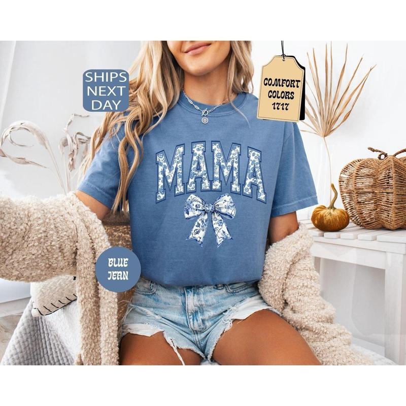 Comfort Colors Mama Shirt, Blue Ribbon Shirt, Mothers Day Gift, Aesthetic Gift For Mom, Cute Mom Shirt, Toile Bow Shirt,...