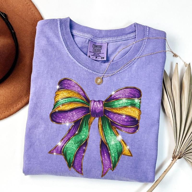 Comfort Colors Mardi Gras Coquette Bow Shirt, Mardi Gras Shirt, Mardi Beads Louisiana Festival Shirt Cotton Fashion...