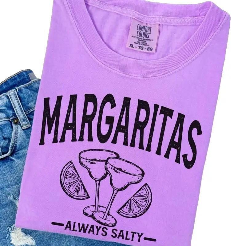 Comfort Colors Margaritas Women's Short Sleeve Casual Cotton Graphic T-Shirt with "ALWAYS SALTY" Text and Design Hoodie,...