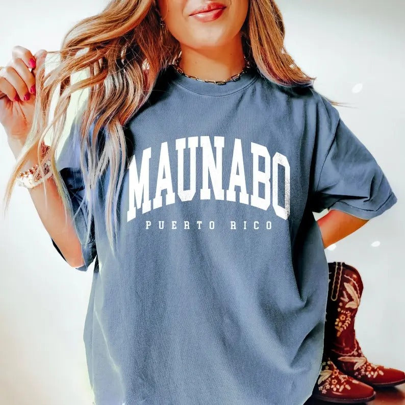 Comfort Colors Maunabo Shirt, Puerto Rico Vintage Varsity Aesthetic, Trendy Travel Destination Gift, Weekend Trip Fabric...