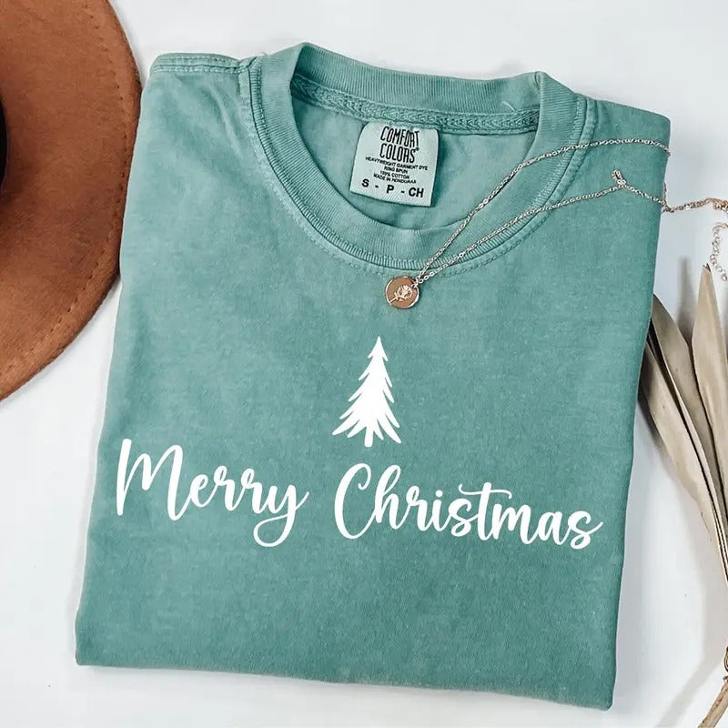 Comfort Colors Merry Christmas Tree Shirt, Merry & Bright T-Shirt, Cute Christmas Gift, Christmas Family T-Shirt, Festive...