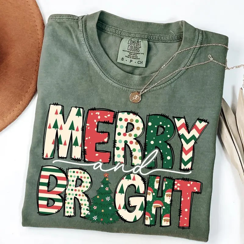 Comfort Colors Merry and Bright Christmas Shirt, Womens Christmas Shirt, Merry Christmas Tee Hoodie, Sweatshirt