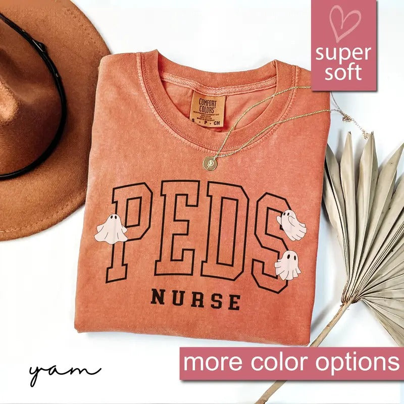 Comfort Colors Peds Nurse Halloween Shirt, Halloween Pediatric Nurse Shirt Spooky Peds Nurse Tshirt Ghost Pediatric Nurse...