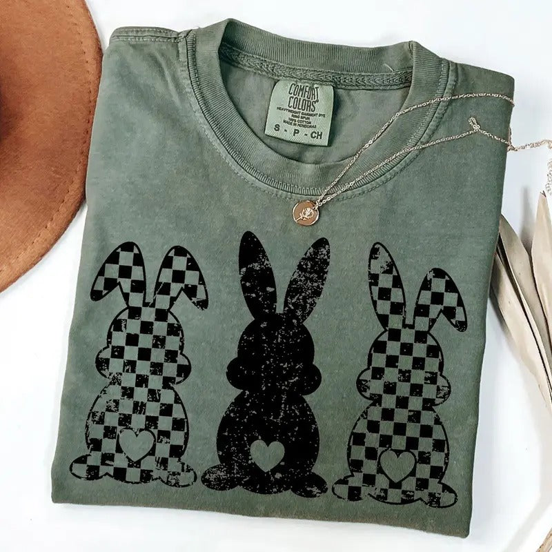 Comfort Colors Retro Checkered Easter Bunny Shirt, Cute Womens Easter T-Shirt, Happy Easter Day Gift, Trendy Graphic Tee...