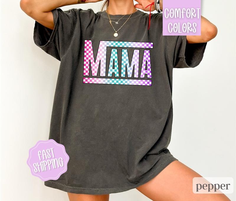 Comfort Colors Retro Checkered Mama Graphic Tee, Comfort Colors Mama Checkered T-Shirt, Comfort Colors Mama T-Shirt,...
