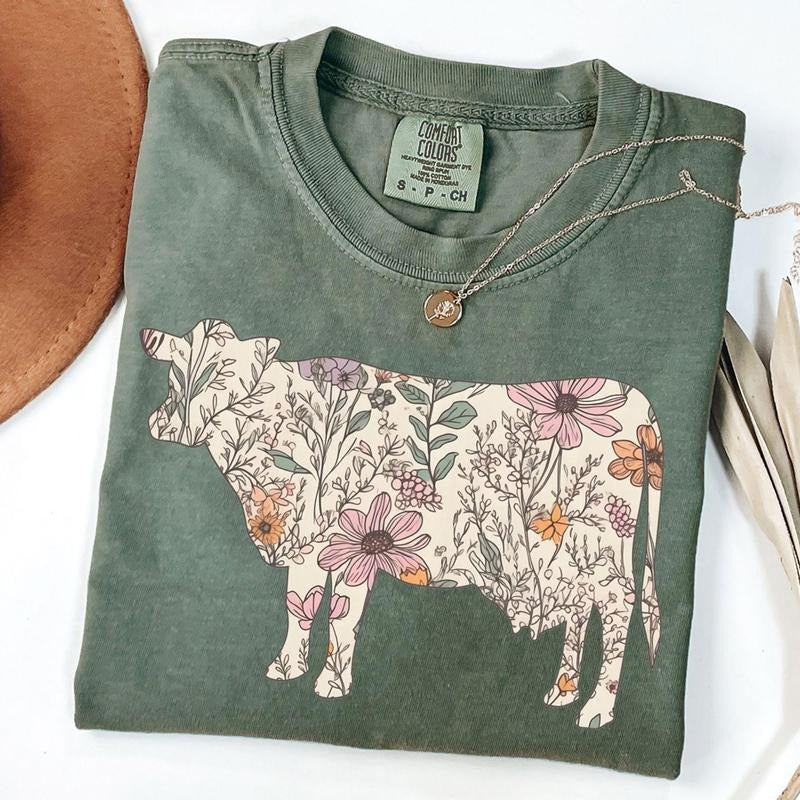 Comfort Colors Retro Cow Lover T-Shirt, Trendy Western Cow Shirt, Gift for Cow Lover, Wildflower Cow T-Shirt Hoodie,...