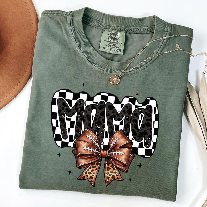 Comfort Colors Retro Football Mama Shirt Football Coquette Shirt Game Day Football Bow Checkered Mama T-Shirts, Hoodie, Sweatshirt