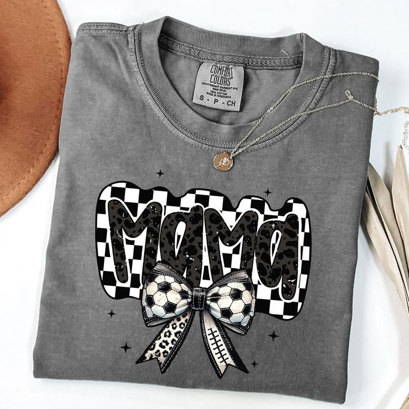 Comfort Colors Retro Soccer Mama Shirt, Soccer Coquette Shirt, Game Day Soccer Bow T-shirt, Checkered Mama Tee, Unisex...