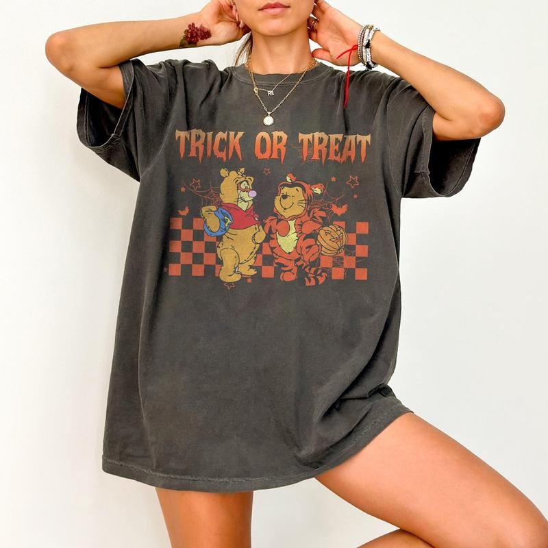 Comfort Colors Retro Trick or Treat Pooh and Tigger Halloween Shirt, Pooh Halloween Shirt Hoodie, Sweatshirt