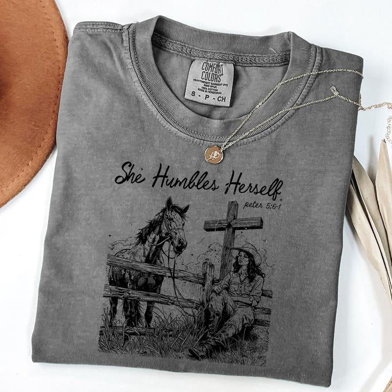 Comfort Colors She Humbles Herself Shirt, Peter 5:6-1, Cowgirl, Faith, Christian Country Shirt, Western Cowboy Shirt,...