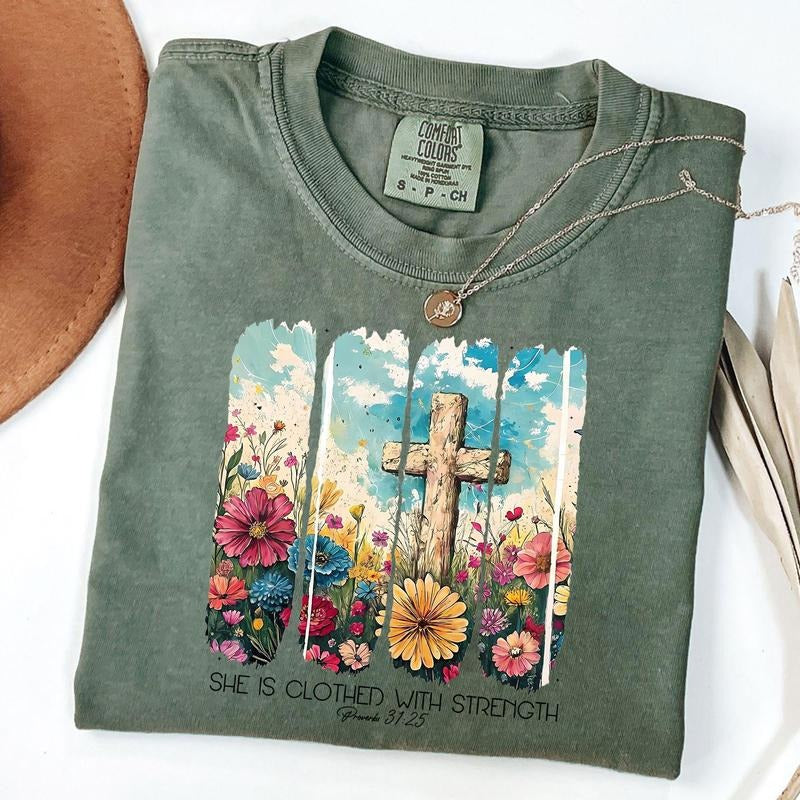 Comfort Colors She is Clothed with Strength Shirt, Wildflower Christian Shirt, Bible Verse, Jesus, Faith, God, Unisex...