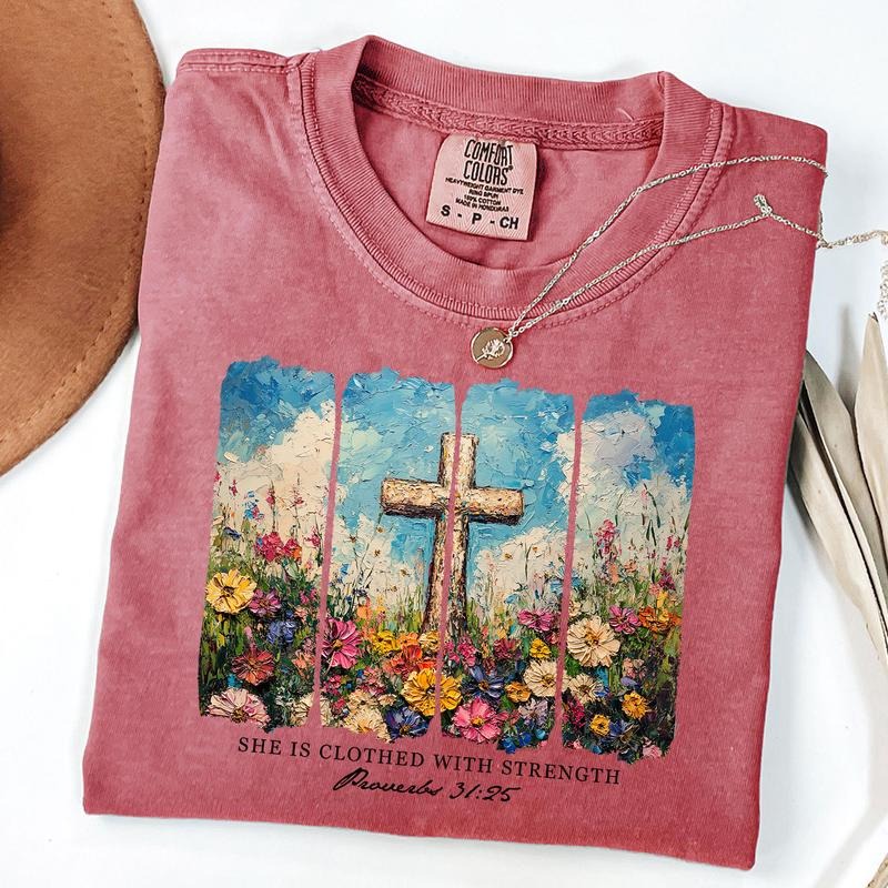 Comfort Colors She is Clothed with Strength Shirt, Wildflower Christian Tee, Bible Verse Shirt, Christian Boho Tee, Gift...