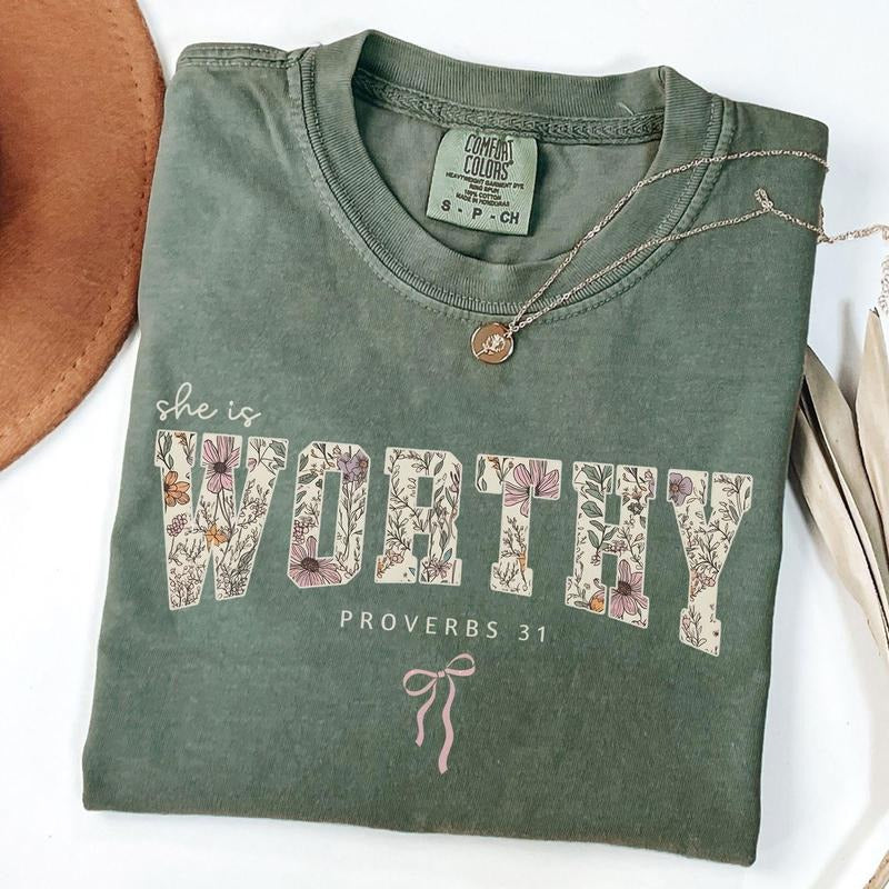 Comfort Colors She is Worthy Shirt, Cute Christian Tshirt, Bible Verse T-Shirt, Proverbs 31 Shirt, Religious Faith Tee...